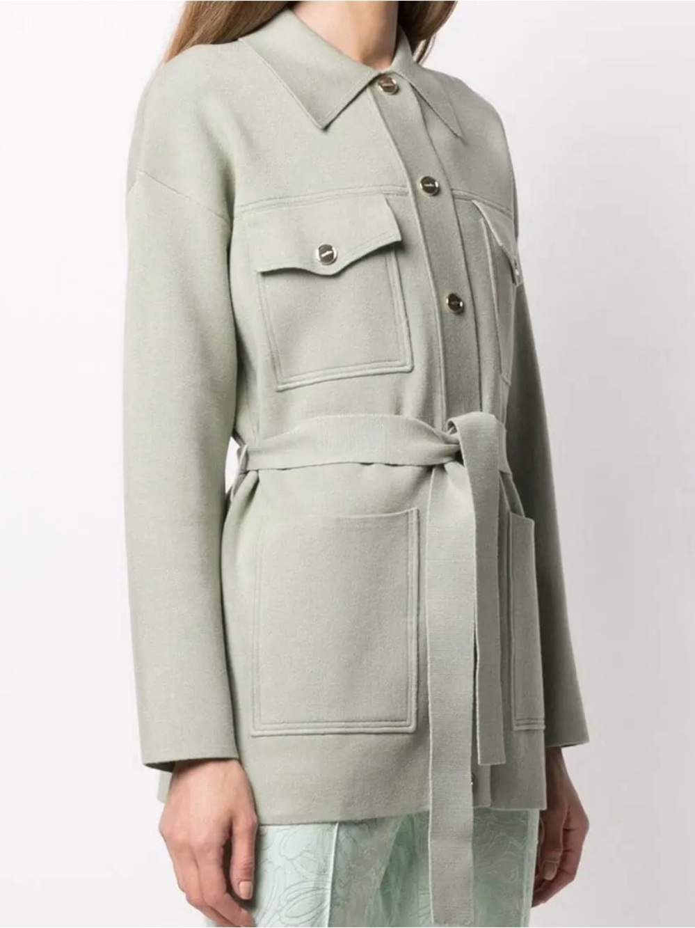 SANDRO PARIS Amelie Tie-Waist Cardi-Coat Size 3 L US 8 Light Khaki Green - Picture 2 of 10
